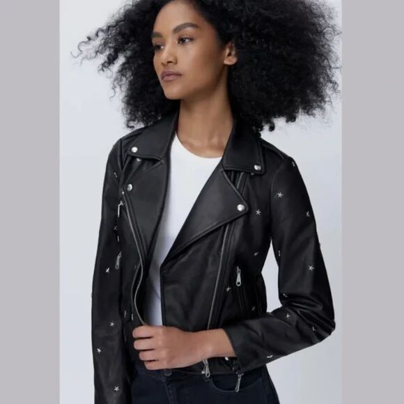Rebecca Minkoff Wes Premium Leather Moto Jacket With Star Studs - Black/Silver S